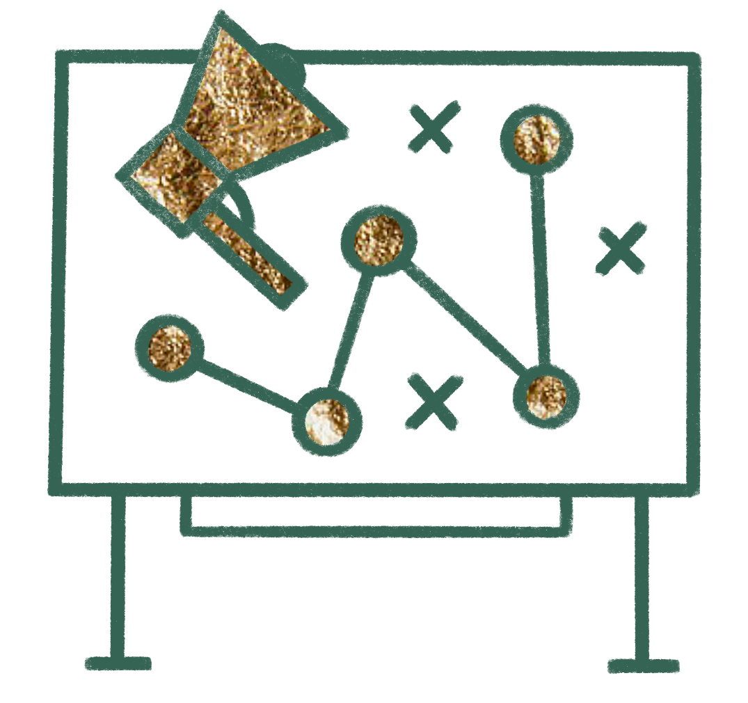 Marketing Strategieberatung Icon eines Flipcharts mit verbundenen Punkten und einem Megafon. Die Linien und Kreise erinnern an eine Strategie- oder Marketingplanung.