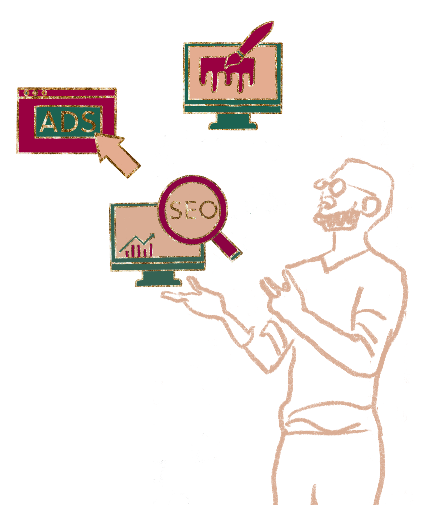 Illustration eines Mannes, der drei Bildschirme jongliert. Auf den Monitoren sind Symbole fuer Webdesign, SEO und Online-Werbung mit dem Wort 'ADS' zu sehen.