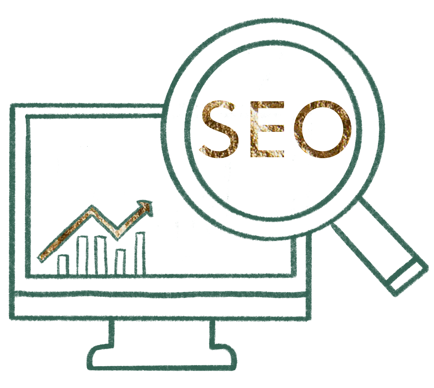 Suchmaschinenmarketing Icon eines Computerbildschirms mit Balkendiagramm und einer Lupe, in der gross das Wort SEO steht. Symbol fuer Suchmaschinenoptimierung und Webanalyse.