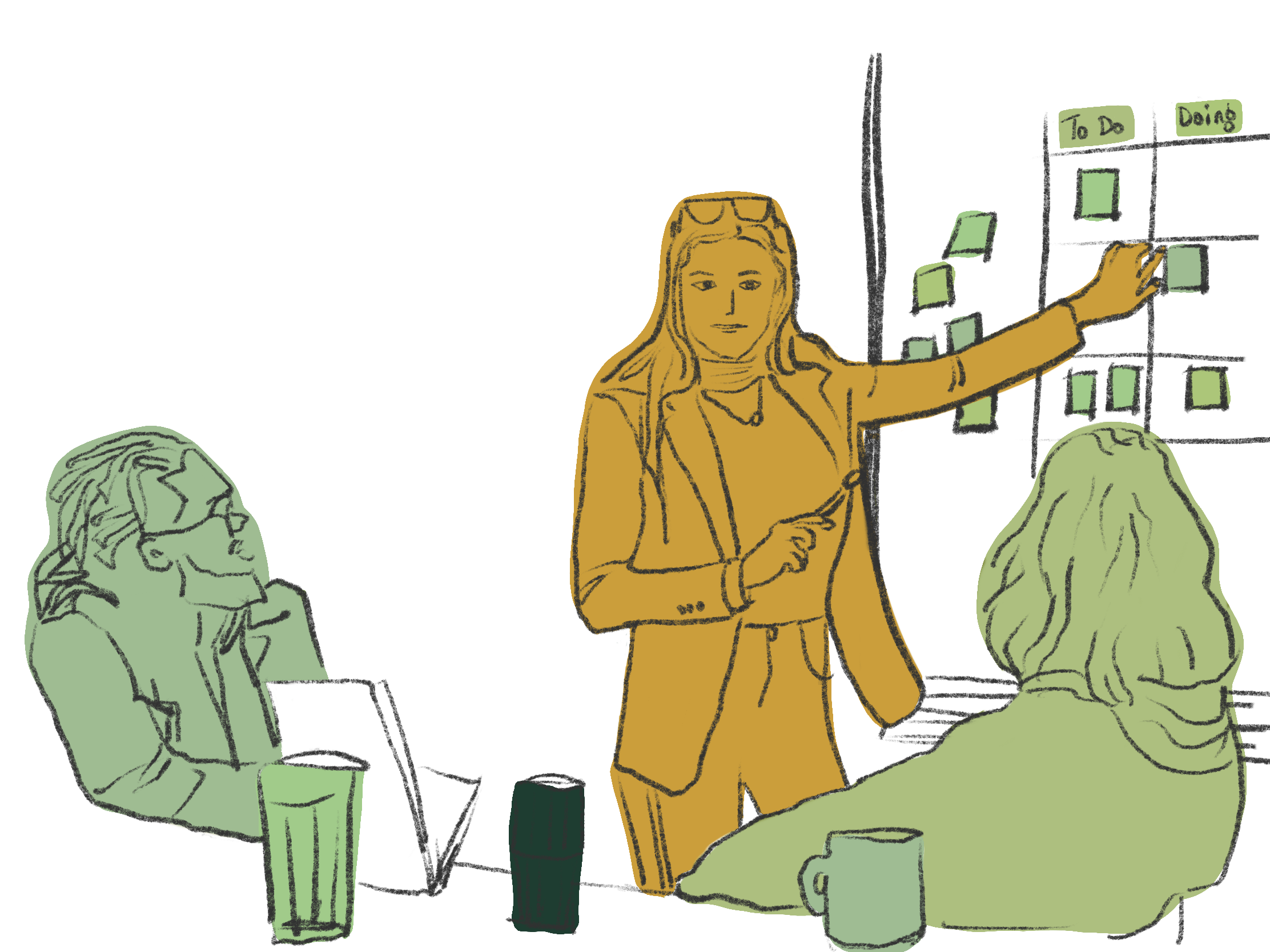 Ein Zeichnung von einem Arbeitssetting. Eine Frau steht an einer Pinnwand und erklärt zwei anderen Personen an einem Arbeitstisch eine Strategie.