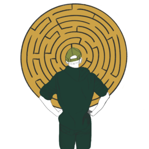 Eine Zeichnung die einen Mann darstellt, der vor einem Labyrinth steht. 