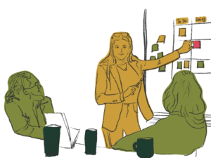 Ein Zeichnung von einem Arbeitssetting. Eine Frau steht an einer Pinnwand und erklärt zwei anderen Personen an einem Arbeitstisch eine Strategie. 