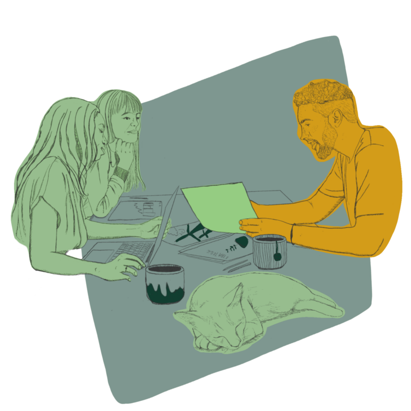 protea Das Bild zeigt drei Personen an einem Arbeitstisch in einem Unternehmer Coaching für Führung & Zusammenarbeit