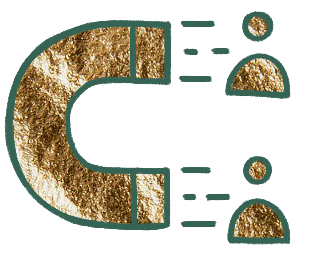 Employer Branding Icon eines goldfarbenen Hufeisenmagneten mit angedeuteter Anziehungskraft durch Punkte und Linien.