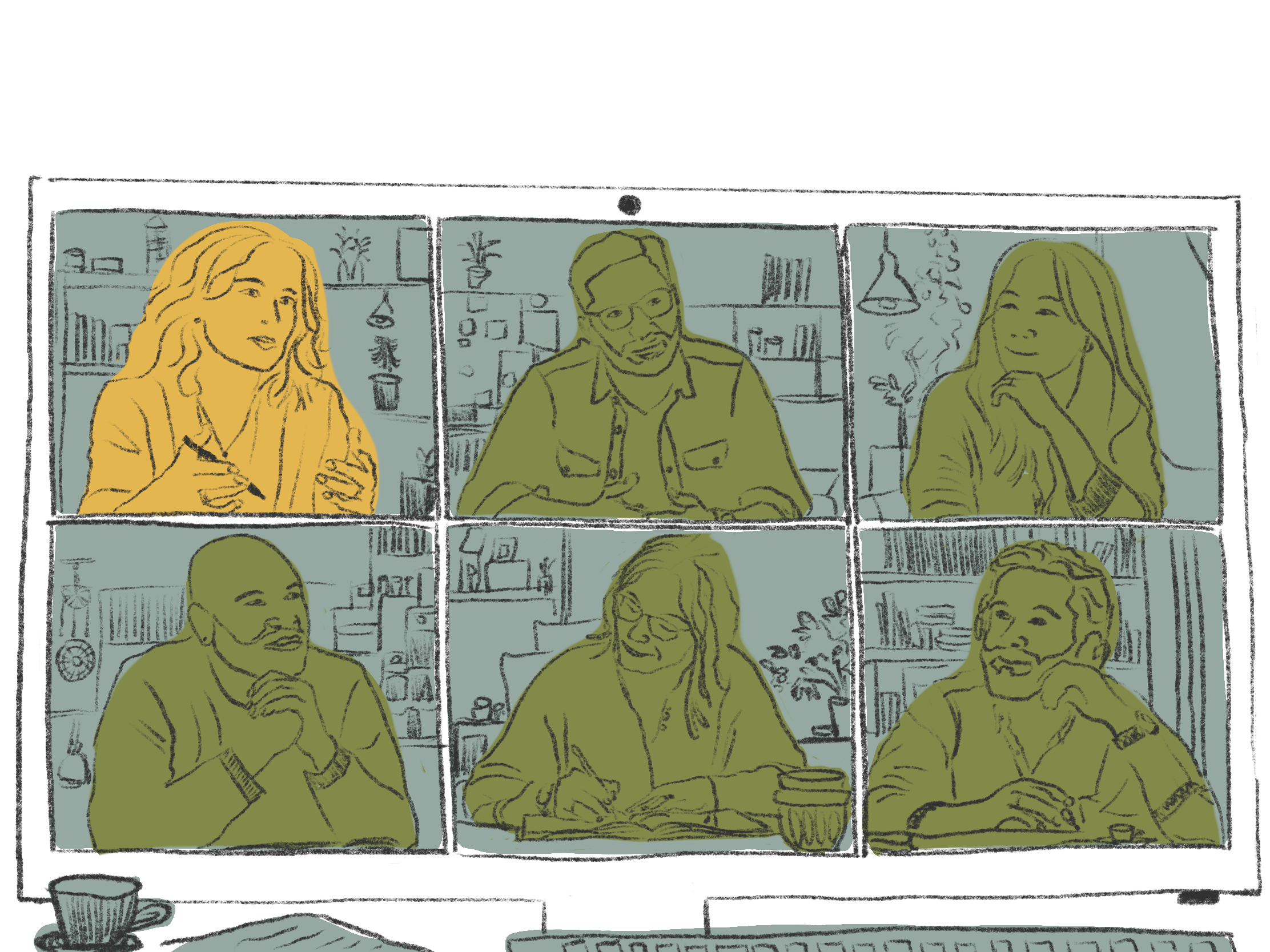 Zeichnung von einem Einer Videokonferenz mit sechs Unternehmer:innen.